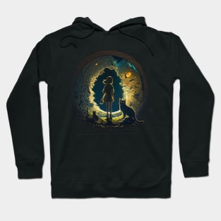 Mysterious Anime Portal: A Girl and Her Cat in Blue, Black & Yellow Hoodie